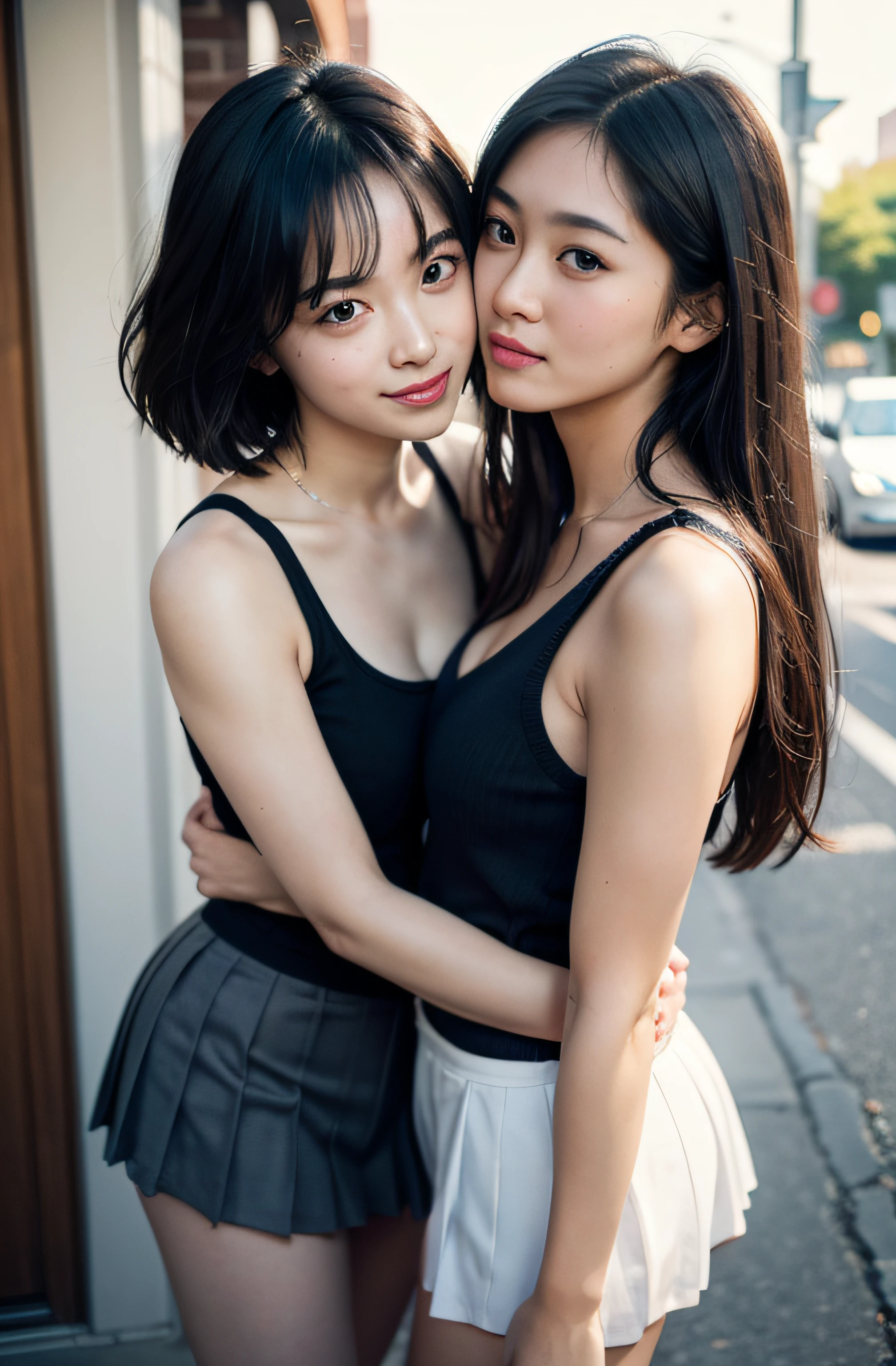 realistic,photorealistic,raw photograph,2 women having fun,leering:1.2, super big eyes:1.5,lecherous:1,2, Hentai:1,2, NSFW:1,2, Lesbian Yuri:1,2, Kissing, Blushing, Wear a tank top and pleated miniskirt, Hot summer days