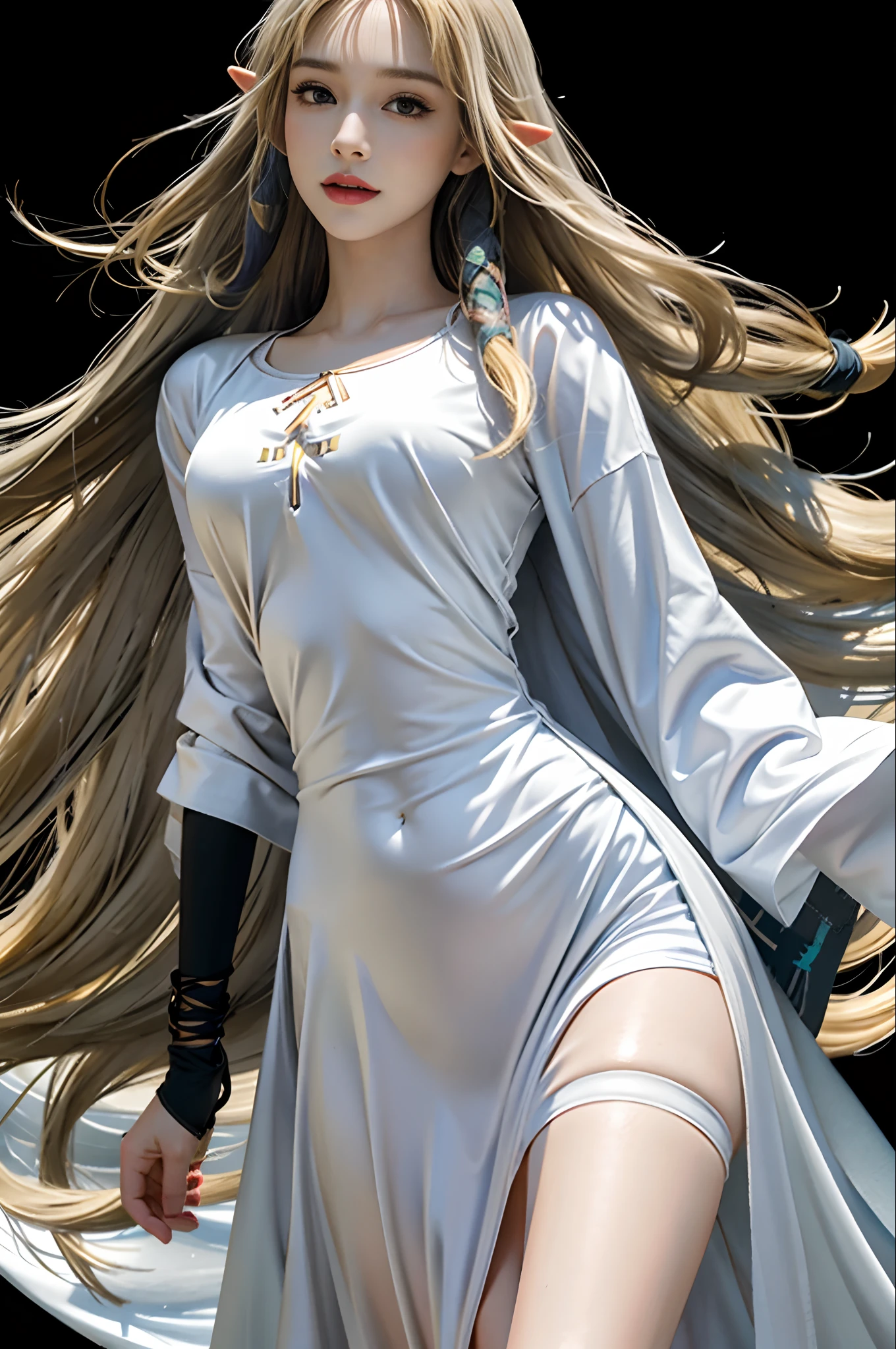 Photorealistic, high resolution, 1woman, Solo, Hips up, view the viewer, (Detailed face), Long wavy blonde hair, white dress, Stockings, Black Plain background,adult,zelda,(smiling:0.5)(affectionate:0.7)