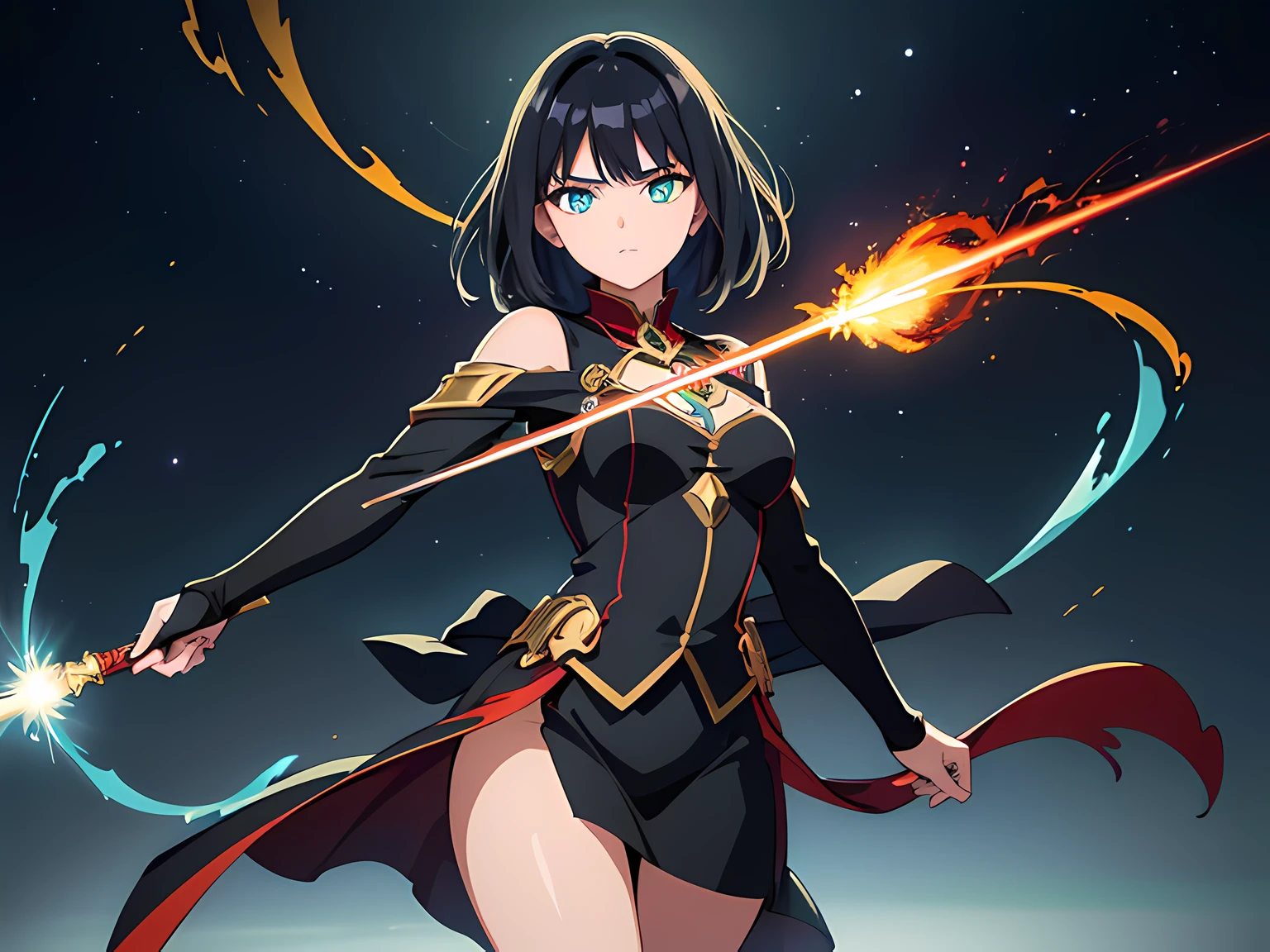 (ultra-detailed, perfect pixel, highres, best quality, beautiful eyes finely detailed), (full body:0.8), 19 years old anime girl, short raven hair, wavy hair, parted bangs, black hair, gradient hair color, flowing crimson hair that dances like flames, there is many red fire swirling around her body (transparent:0.7), showing her overpower aura (dangerous and terrifying aura), dangerous, she holding a wizard staff, casting a powerful explosion magic, grand magus, green eyes, strong and heavy steel armor, prestigious, realistic fire, the background is full of magical particles and realistic blue fire. lens flare, glowing light, reflection light, motion blur, 8k, super detail, ccurate, best quality, Ray tracing.