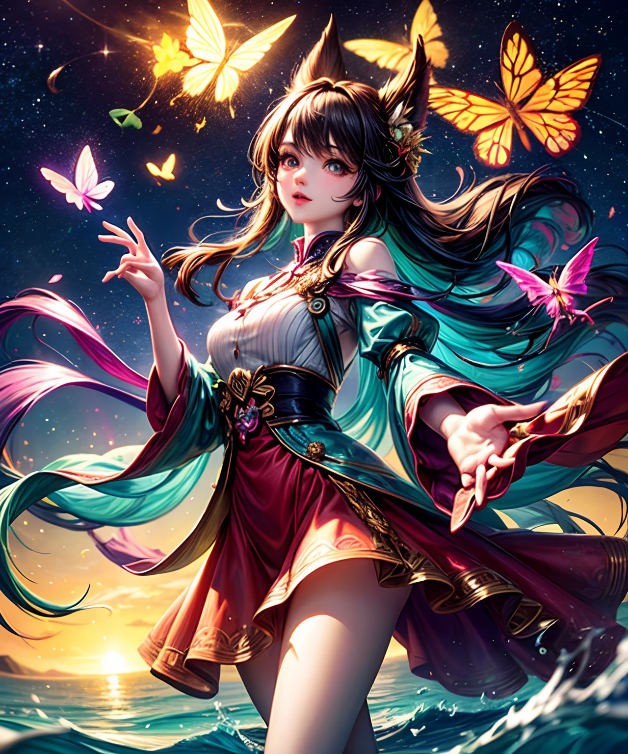 Cute girl characters、The scene depicts lush butterflies flying over the water, looking at the stars. Surround her with colorful nebulae and colorful forests.