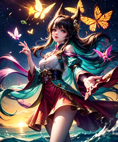 Cute girl characters、The scene depicts lush butterflies flying over the water, looking at the stars. Surround her with colorful ...