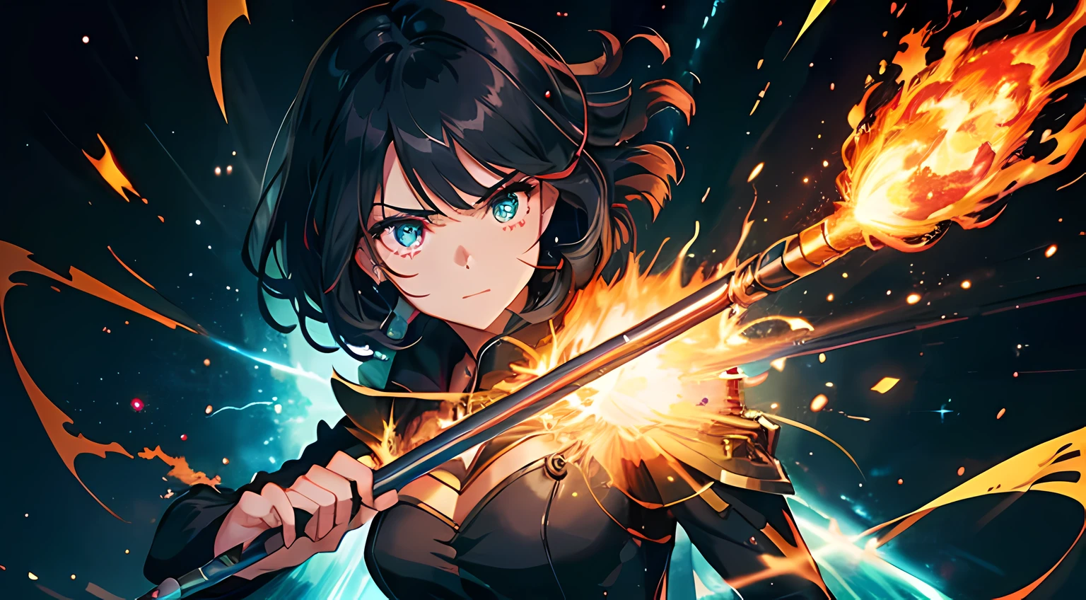 (ultra-detailed, perfect pixel, highres, best quality, beautiful eyes finely detailed), (full body:0.8), 19 years old anime girl, short raven hair, wavy hair, parted bangs, black hair, gradient hair color, flowing crimson hair that dances like flames, there is many red fire swirling around her body (transparent:0.7), showing her overpower aura (dangerous and terrifying aura), dangerous, she holding a wizard staff, casting a powerful explosion magic, grand magus, green eyes, strong and heavy steel armor, prestigious, realistic fire, the background is full of magical particles and realistic blue fire. lens flare, glowing light, reflection light, motion blur, 8k, super detail, ccurate, best quality, Ray tracing.