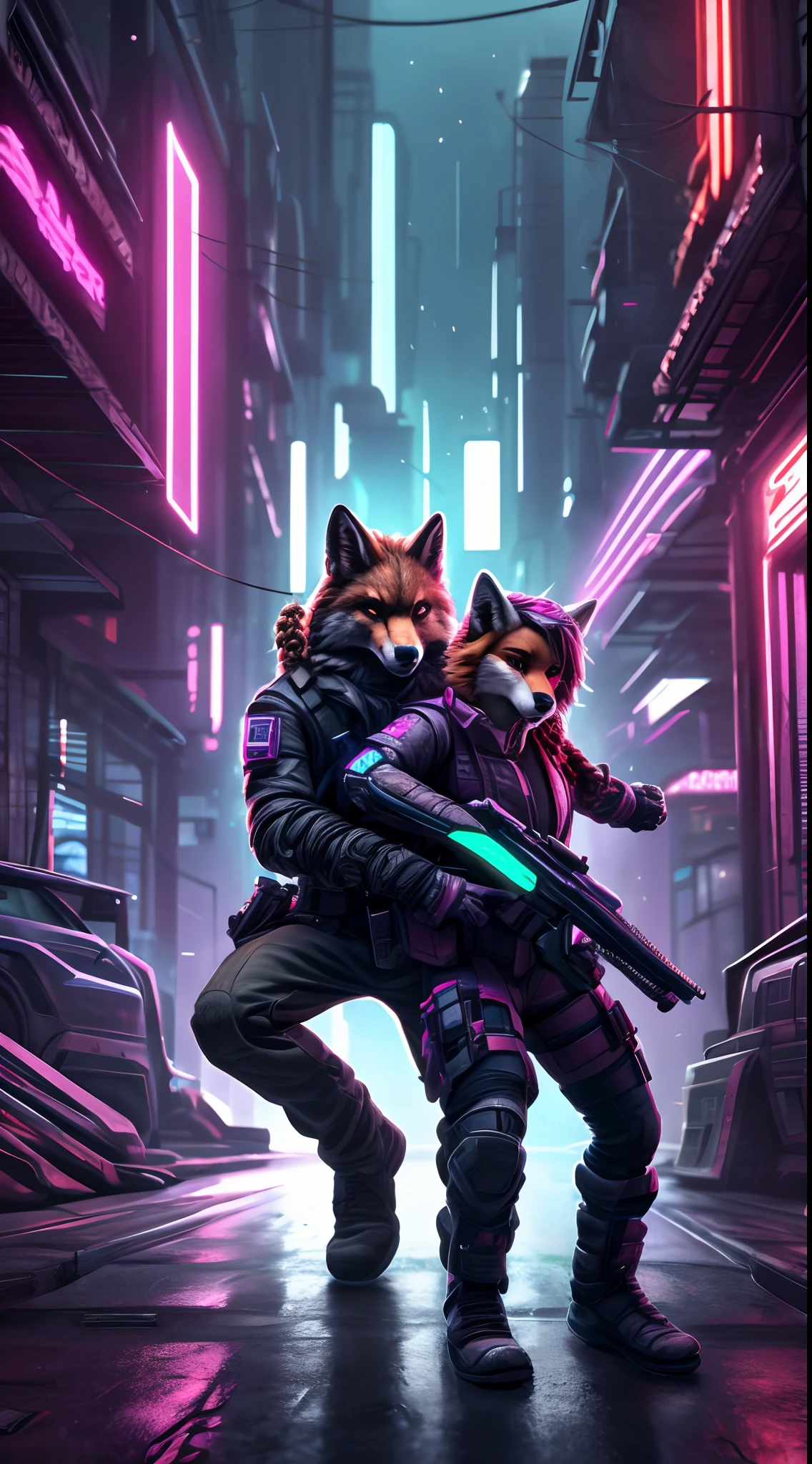 masterpiece, 2others, 1girl, 1man, 1couple, wolf and fox, (black wolf man with short hair), (brown fox girl with braided hair), (cyberpunk outfit), detailed person, detailed face, detailed eyes, detailed hands, detailed fingers, action poses, 2 person in action, gunfight, vivid colors, bloom, foggy weather, cyberpunk street background