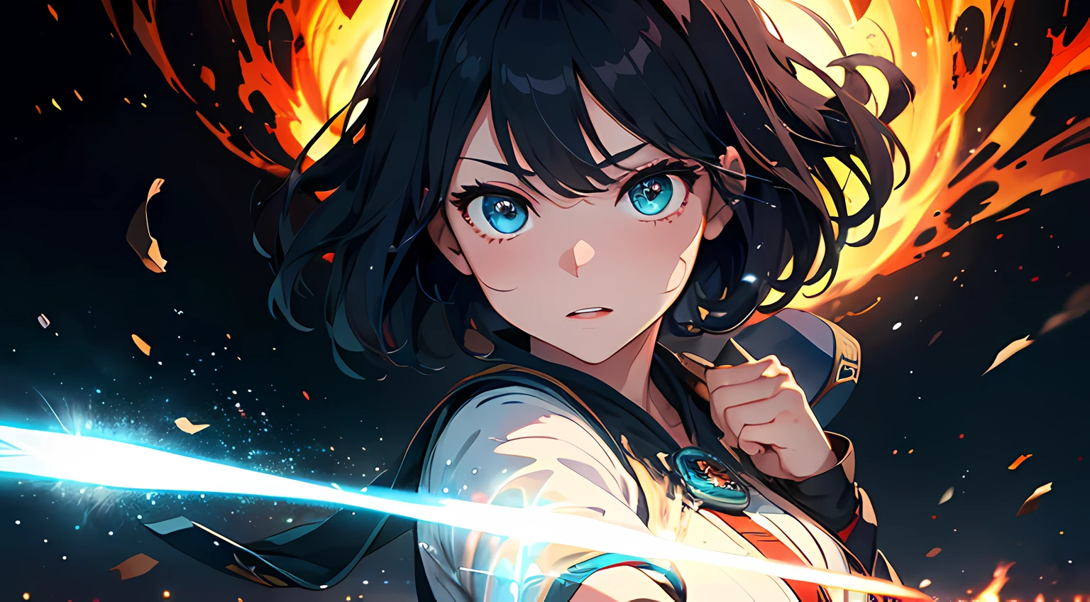 (woman), (yae miko), (ultra-detailed, perfect pixel, highres, best quality, beautiful eyes finely detailed), (full body:0.8), 19 years old anime girl, short raven hair, wavy hair, parted bangs, black hair, gradient hair color, flowing crimson hair that dances like flames, there is many red fire swirling around her body (transparent:0.7), showing her overpower aura (dangerous and terrifying aura), dangerous, she holding a wizard staff, casting a powerful explosion magic, grand magus, green eyes, strong and heavy steel armor, prestigious, realistic fire, the background is full of magical particles and realistic blue fire. lens flare, glowing light, reflection light, motion blur, 8k, super detail, ccurate, best quality, Ray tracing.