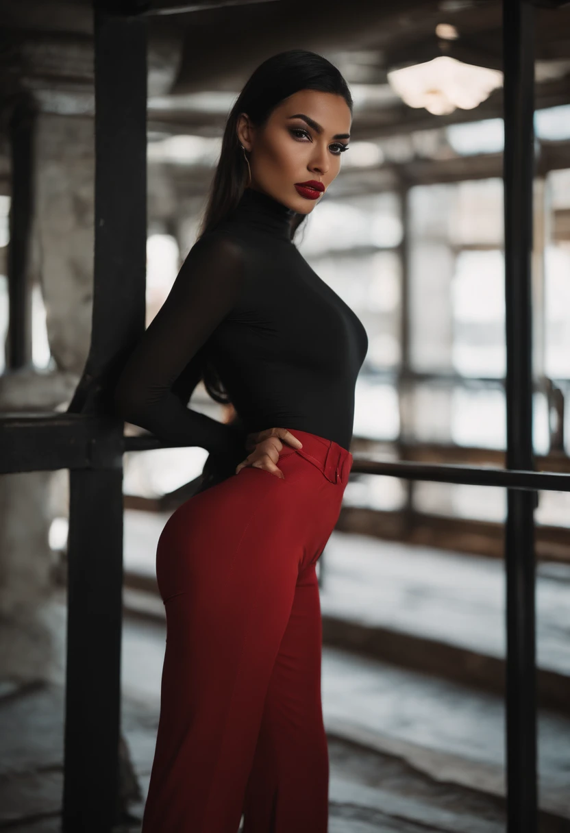 A woman in a black top and red pants posing for a picture - SeaArt AI