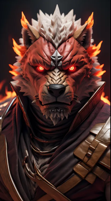 (best quality,8k,highres,masterpiece:1.2),ultra-detailed,(photorealistic:1.37),(the ultimate Orochi Cassius),red glowing eyes,staring at the viewer,detailed facial features,same design as Iori Yagami,background from The King of Fighters XV,fiery background...