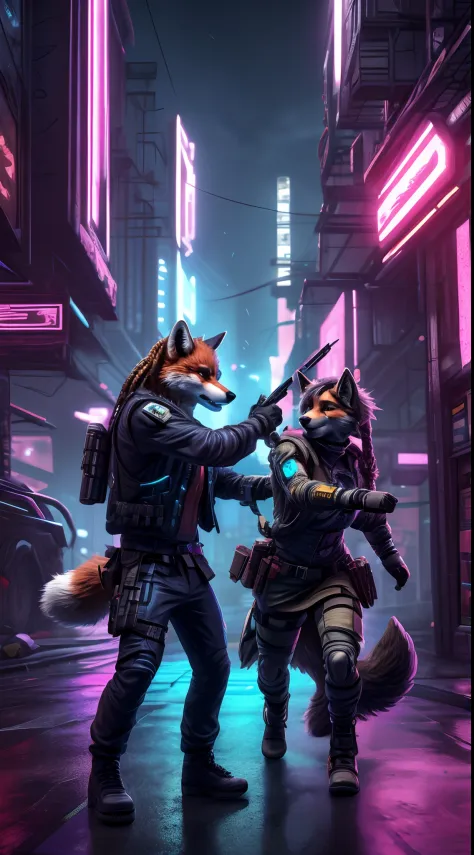 masterpiece, 2others, 1girl, 1man, 1couple, wolf and fox, (black wolf man with short hair), (brown fox girl with braided hair), (cyberpunk outfit), detailed person, detailed face, detailed eyes, detailed hands, detailed fingers, action poses, 2 person in a...