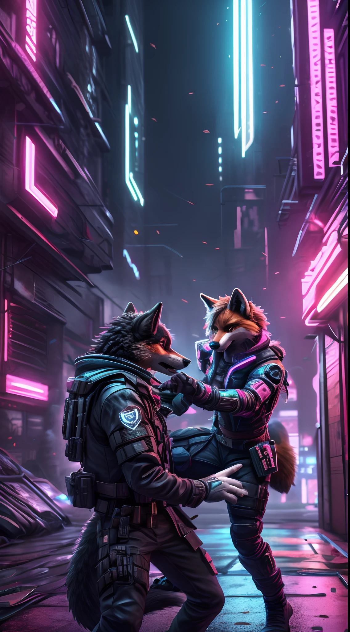 masterpiece, 2others, 1girl, 1man, 1couple, wolf and fox, (black wolf man with short hair), (brown fox girl with braided hair), (cyberpunk outfit), detailed person, detailed face, detailed eyes, detailed hands, detailed fingers, action poses, 2 person in action, gunfight, vivid colors, bloom, foggy weather, cyberpunk street background