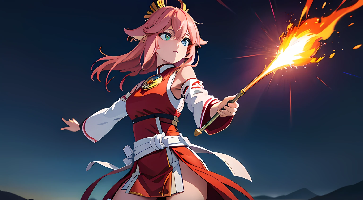 (woman), (yae miko), (ultra-detailed, perfect pixel, highres, best quality, beautiful eyes finely detailed), (fox eared), (full body:0.8), 19 years old anime girl, short raven hair, wavy hair, parted bangs, pink hair, gradient hair color, flowing crimson hair that dances like flames, there is many red fire swirling around her body (transparent:0.7), showing her overpower aura (dangerous and terrifying aura), dangerous, she holding a wizard staff, casting a powerful explosion magic, grand magus, green eyes, strong and heavy steel armor, prestigious, realistic fire, the background is full of magical particles and realistic blue fire. lens flare, glowing light, reflection light, motion blur, 8k, super detail, ccurate, best quality, Ray tracing.