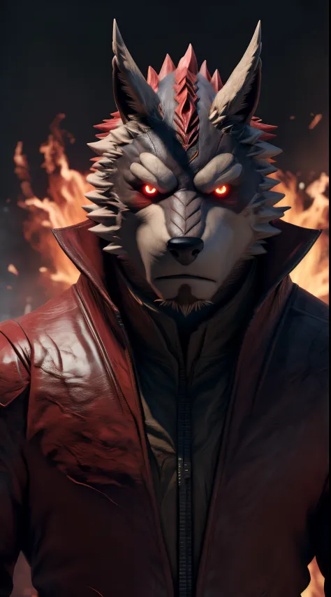 (best quality,8k,highres,masterpiece:1.2),ultra-detailed,(photorealistic:1.37),(the ultimate Orochi kuugo),red glowing eyes,staring at the viewer,detailed facial features,same design as Iori Yagami,background from The King of Fighters XV,fiery background,s...