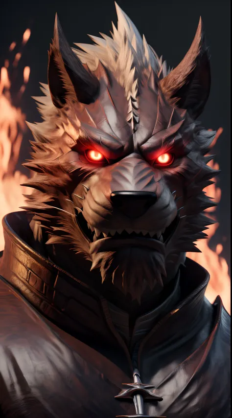 (best quality,8k,highres,masterpiece:1.2),ultra-detailed,(photorealistic:1.37),(the ultimate Orochi Yuujirou),red glowing eyes,staring at the viewer,detailed facial features,same design as Iori Yagami,background from The King of Fighters XV,fiery backgroun...