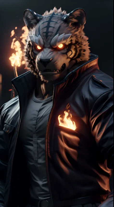 (best quality,8k,highres,masterpiece:1.2),ultra-detailed,(photorealistic:1.37),(the ultimate Orochi Grant),red glowing eyes,staring at the viewer,detailed facial features,same design as Iori Yagami,background from The King of Fighters XV,fiery background,s...