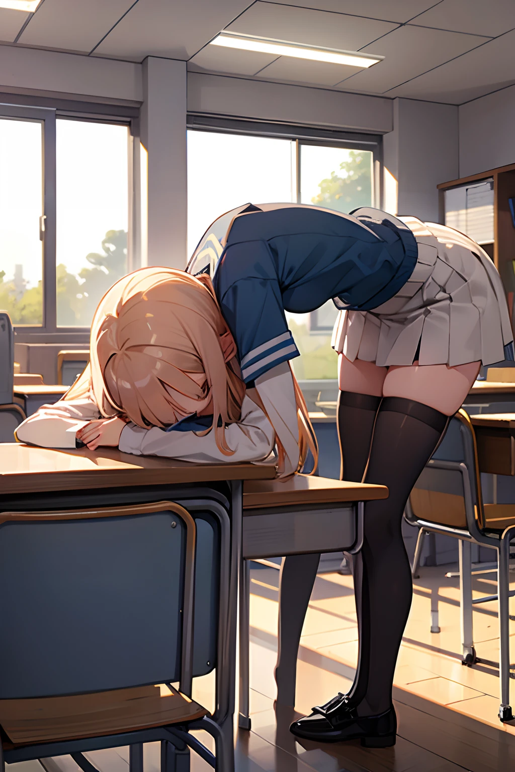 Anime girl leaning over desk with head on desk in classroom - SeaArt AI