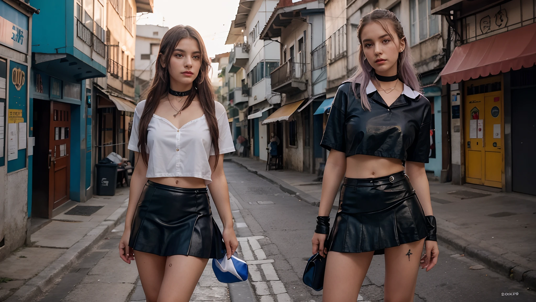 Two women in leather skirts walking down a narrow street - SeaArt AI