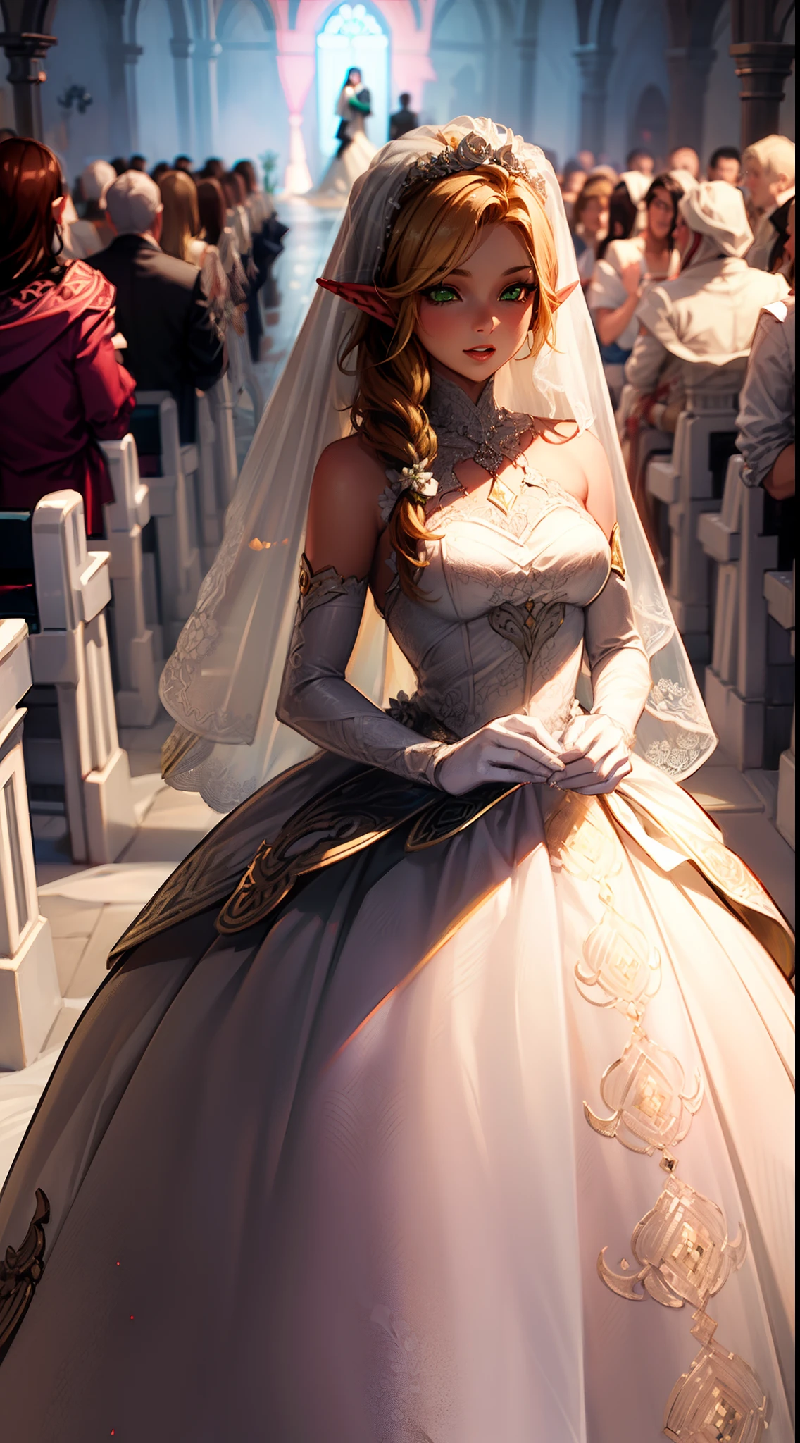 mariage, robe de pot-de-vin, (white colored mariage dress:1.5), elfe de sang de World of Warcraft, longs cheveux dorés, Yeux vert émeraude, fond de foule