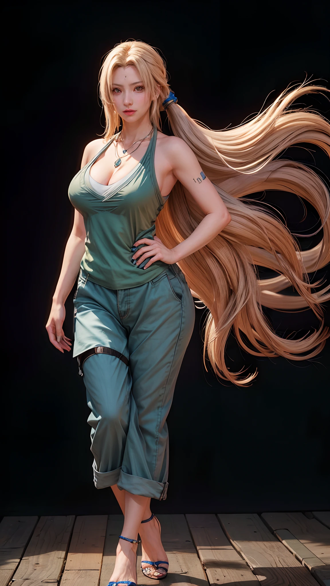 realistic, 1girls, Tsunade, best quality, 12k, HD, long hair, big round breasts, cleavage, ponytail, necklace, jewelry, shorts, slim hips, hair band, yellow eyes, yellow hair, super detailed, Eye details , hair details, person details, mouth details, face details, breast details, clothes details, hair details, pants details, hand details, whole body