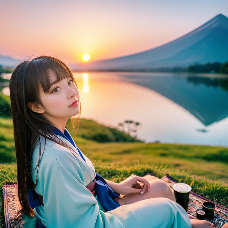 best quality, masterpiece, extremely detailed, detailed background, detailed eyes, anime, 1girl, beautiful eyes, young girl, long hair girl, expressive face, kimono, retro, mount fuji lansdscape, outdoors, sunset, beautiful sky, lake picnic, landscape, scenery, horizon, mountain sitting near mountain, wind, flower petal, spring, looking away, atmospheric lighting, reflection, naturalistic, detail, realism. relaxation, beauty, solo focus, close up, from side, depth of field, bokeh