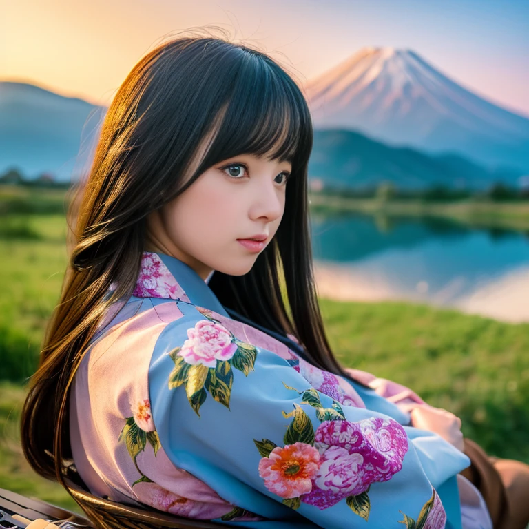 best quality, masterpiece, extremely detailed, detailed background, detailed eyes, anime, 1girl, beautiful eyes, young girl, long hair girl, expressive face, kimono, retro, mount fuji lansdscape, outdoors, sunset, beautiful sky, lake picnic, landscape, scenery, horizon, mountain sitting near mountain, wind, flower petal, spring, looking away, atmospheric lighting, reflection, naturalistic, detail, realism. relaxation, beauty, solo focus, close up, from side, depth of field, bokeh