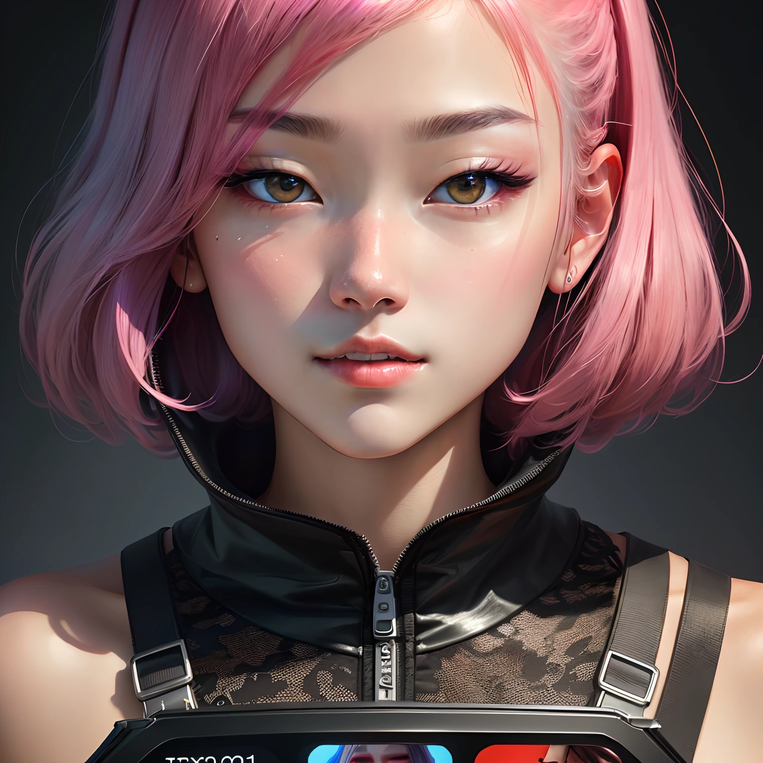 A woman with pink hair and a black top holding a cell phone - SeaArt AI