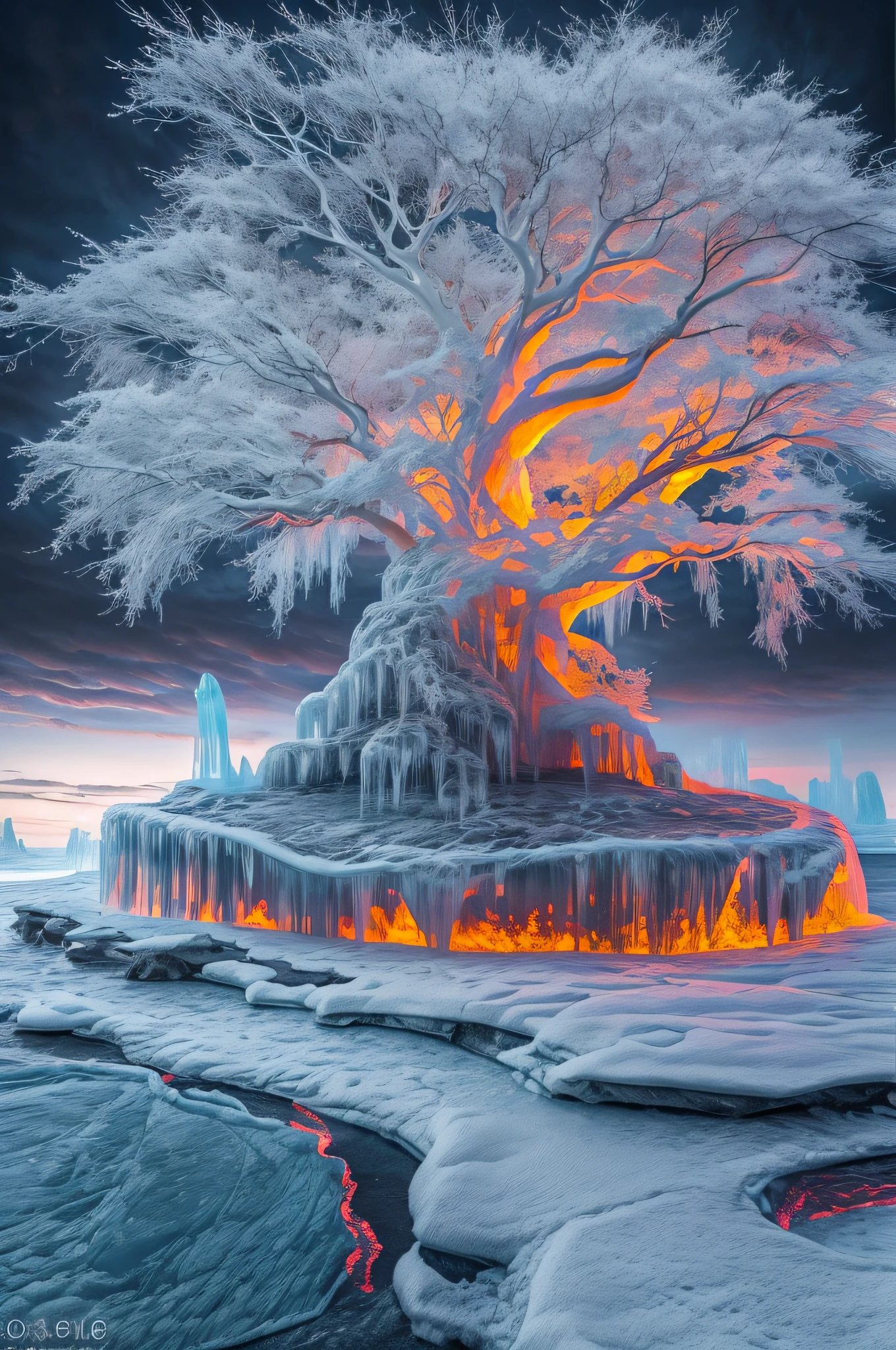 ice sculpture of a an epic tree (ice sculpture :1.5) , standing on an island surrounded by a stream of (lava: 1.2), best quality, 16k, [ultra detailed], masterpiece, best quality, (ultra detailed), full body, ultra wide shot, photorealistic
