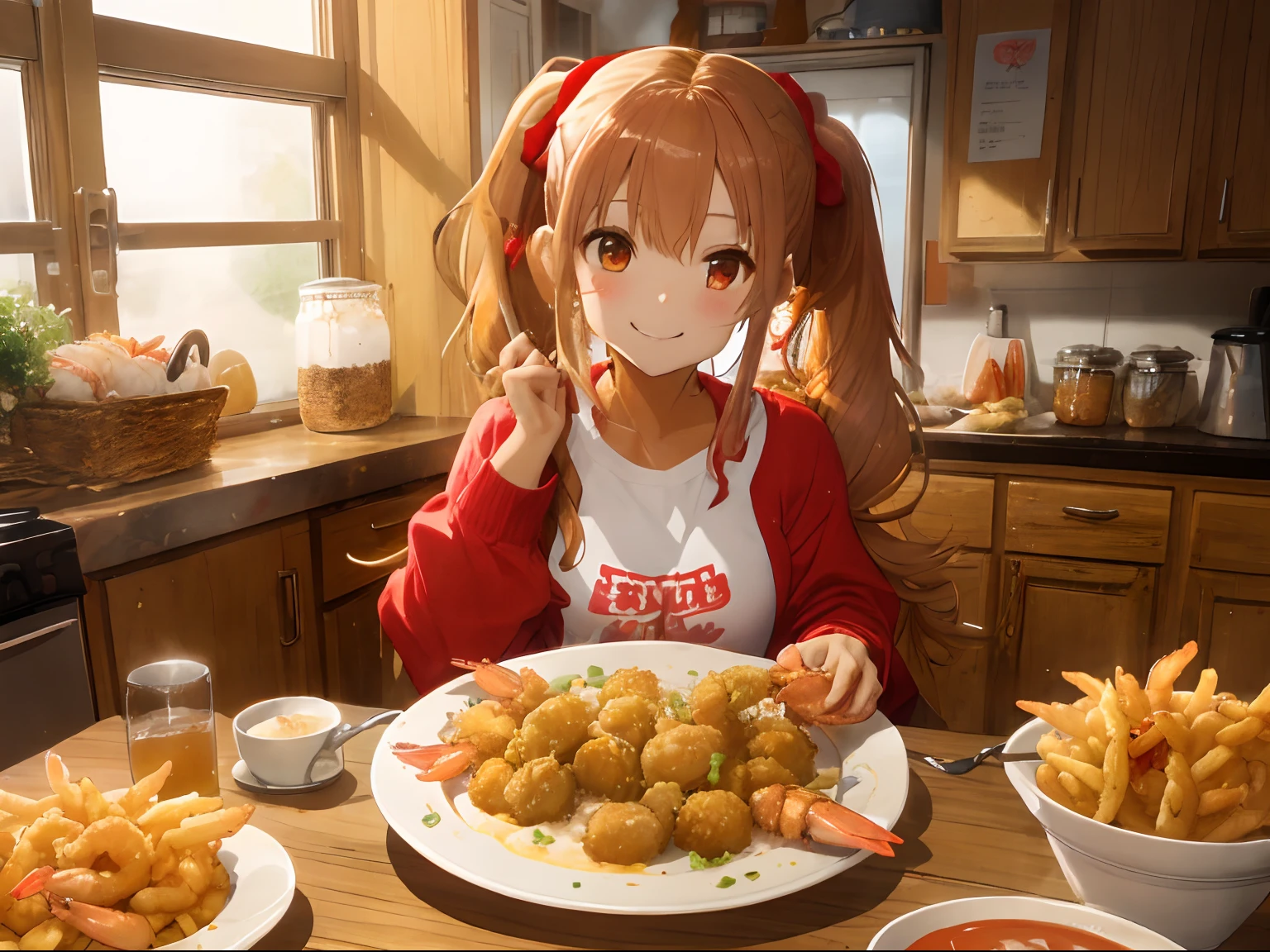 home dining,There&#39;There are many dishes on the plate in front of you...,Fried shrimp,Fried shrimp,Fried shrimp,Tartar sauce,look at food as if you were about to eat it,A smile,Slight red tide,fluffy hair,Light brown ponytail,Pigtails,Braids,bright-colored long-sleeved clothes,