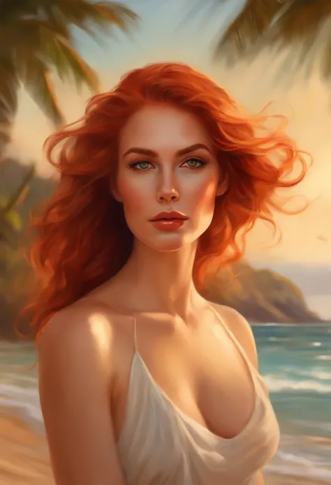 A painting of a woman with red hair and a white dress - SeaArt AI