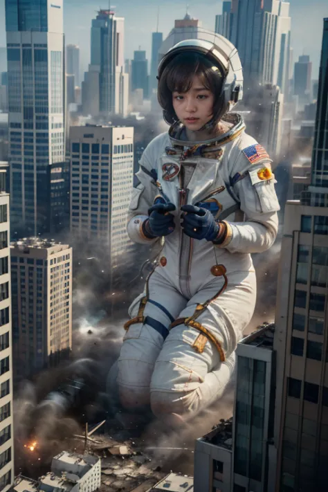 ((top-quality、in 8k、​masterpiece:1.3、raw photo))、super high quality photos, in the city, ((aerial photography)), giant astronaut...