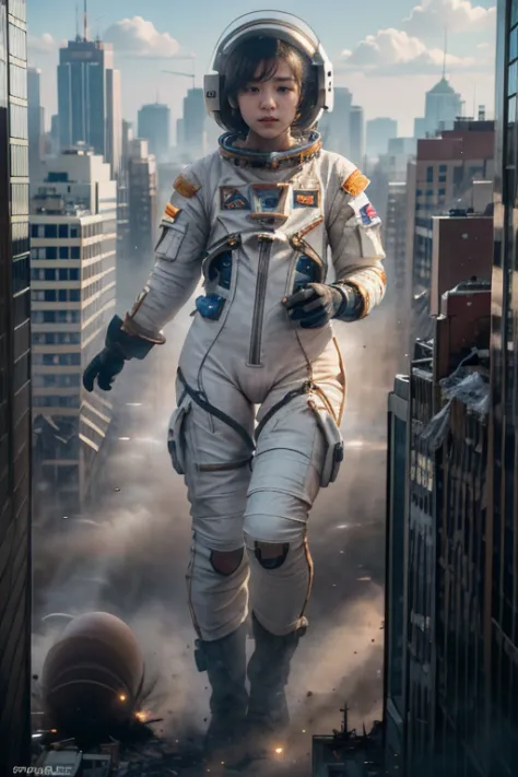 ((top-quality、in 8k、​masterpiece:1.3、raw photo))、super high quality photos, in the city, ((aerial photography)), giant astronaut...