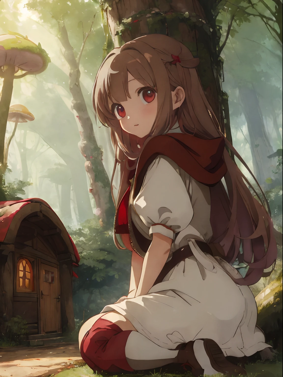 A world of fairy tales and wonderlands,House in the shape of a mushroom,strange shaped plants,The tree々forest where light shines in,Little Red Riding Hood,Wearing a red hood,big red poncho,White Dress,I have a big basket,Slightly red tide,fluffy light brown hair,werewolf behind,werewolf behind