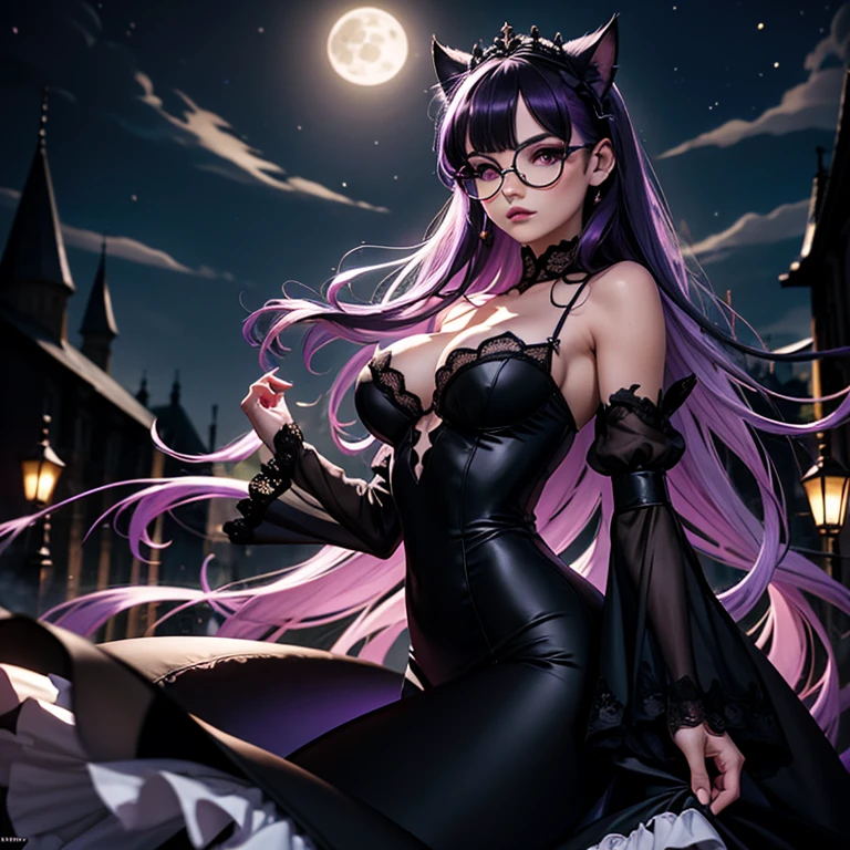 une femme adulte avec des lunettes dans un parc ,Black wedding dress with sleeves, Robe moulante, robe près du corps, black wedding viel, Lolita , gothiques, long Dress, Bending in front of camera , cat ears, white stockings, Dark and purple hair, cheveux noirs et mèches violettes, oreilles de chat sur la tête, gros seins, belle poitrine , Décolleté important, Avatar de seconde vie, Belle capture d’écran, charme , Seconde vie, femme séduisante, portant des lunettes noires brillantes, Full Moon, Dark Sky, Night