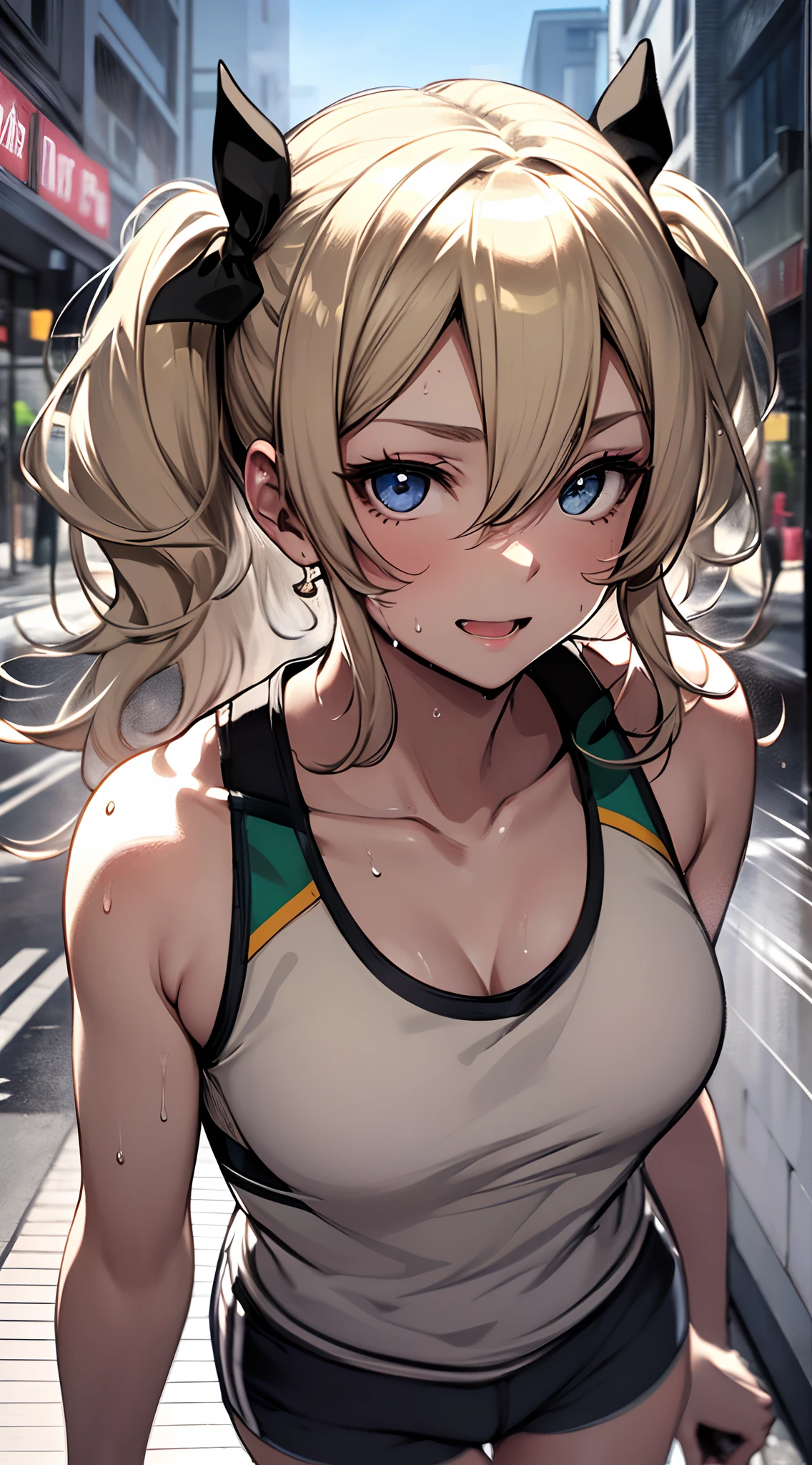 Anime girl with horns and a tank top on walking down a street - SeaArt AI