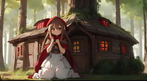 A world of fairy tales and wonderlands,House in the shape of a mushroom,strange shaped plants,The tree々forest where light shines in,Little Red Riding Hood,Wearing a red hood,big red poncho,White Dress,I have a big basket,Slightly red tide,fluffy light brow...