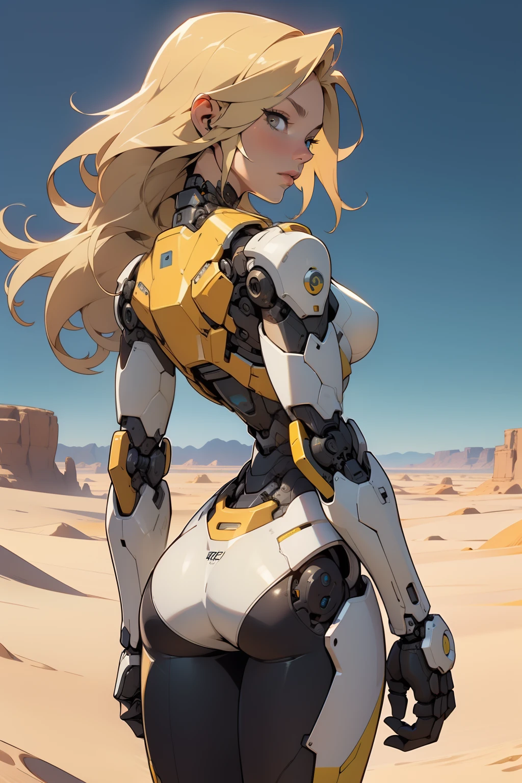 high quality, 4k, masterpiece, beautiful, cyborg girl, cowboy shot, dull eyes, back side, turning around to look at viewer, long blonde hair, girl, small breasts, fit thigh, robotic arms, robotic body, cyborg body, yellow accent, redaccent, intricate detail, joint, detailed lines, robotic detail, holding fist up, holding hand up as fist, color robotic parts, robotic parts with color, perfect fingers, on a desert planet, sunny background, colorful desert,