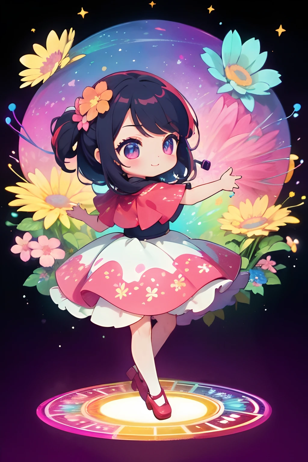 Extremely detailed,(Fractal Art:1.1),(Colorful:1.1)(Flowers:1.3)、 (Dynamic Pose), (Abstract background:1.3)、(Many colors:1.4)、Place one small doll on a circular stand、kawaii pose、A smile、A dark-haired、Chibi Doll、Stars in the eyes（kirakira）、Singing with microphone in hand、Eye Up、Laugh、Cute red shoes、Ultra Detail, radiant light、bio luminescent、Stronger bokeh effect、Taken from the side