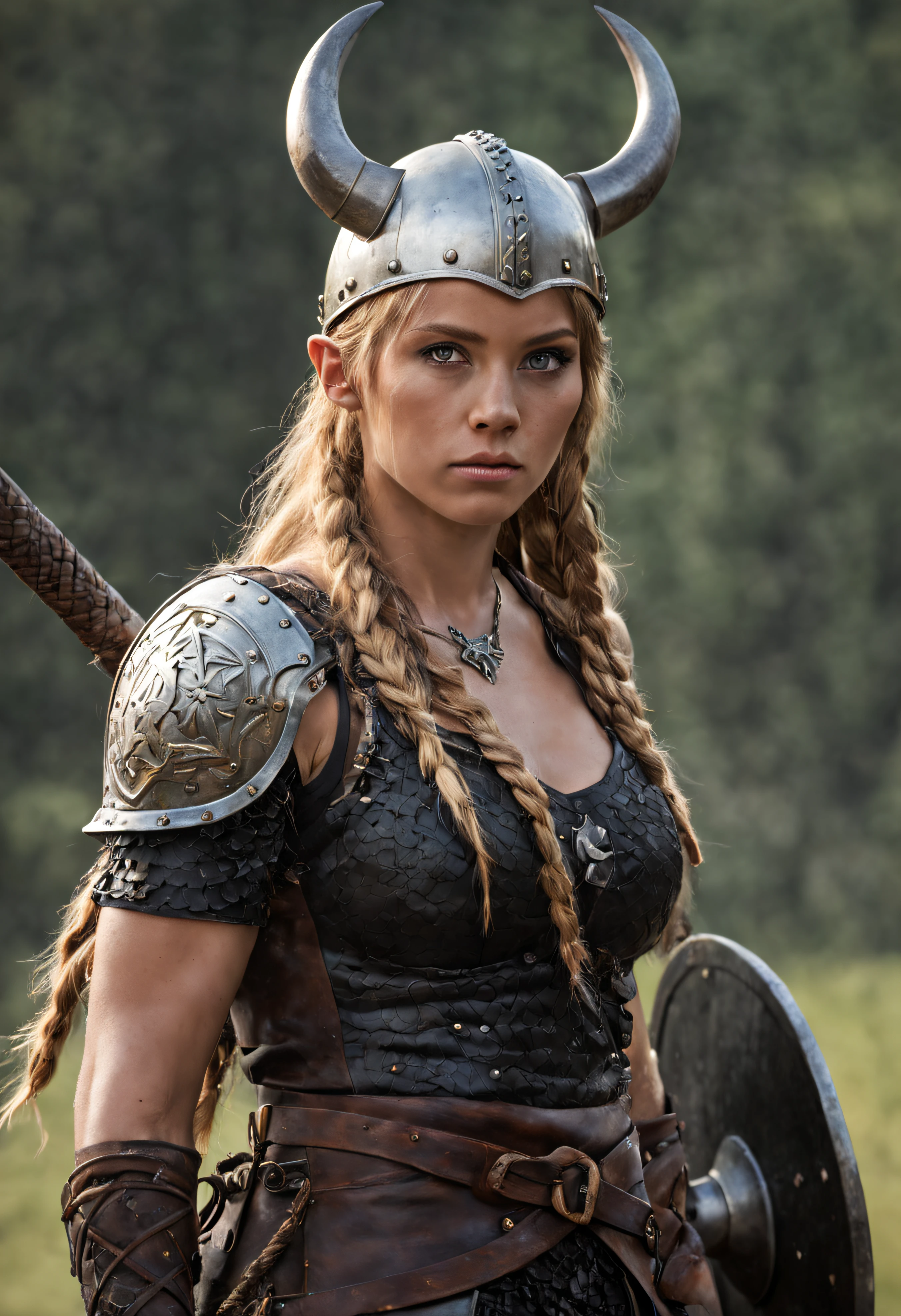 (cuerpo completo), guerrera vikinga, bellisima de ojos verdosos, con sus trenzas rubias largas, su casco de hierro y su correaje y protectores de metal, que dejan entrever un vestido sucio y rasgado con su minifalda sexy, By the heat of battle he finds himself in a war zone walking dynamically with a frown, iluminacion de la hora dorada, (intrincados detalles de la maquina).imagen fotorrealista,nitidez maxima, calidad 8k.(obra maestra de calidad superior).