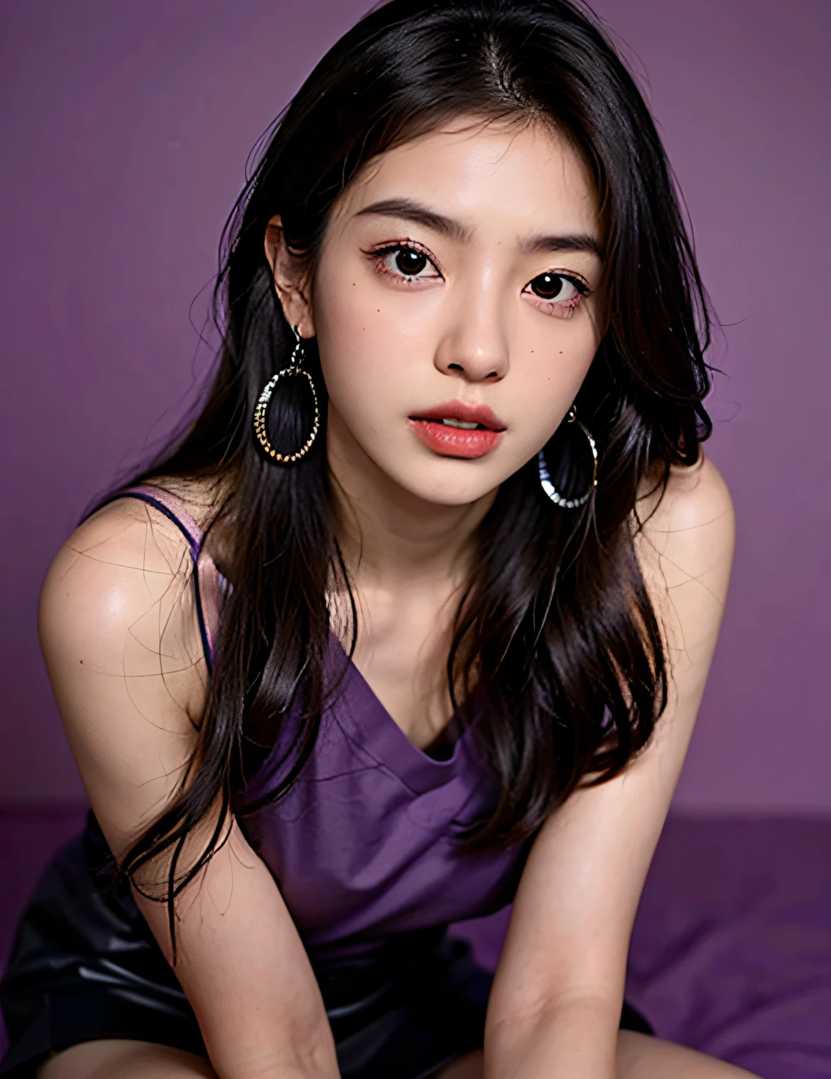 1girl in, 175 cm,Korean model, 23 years old,Soft body, Black hair, Wavy Hair,Whole body, Hair reaches the waist, Whole body,((From head to foot)),black bracelets,Black Chain,((Purple skirt)), Black Tall Boots,Large earrings,close-up, 8K, Raw photo, Best Quality, masutepiece,Realistic, Photorealsitic,Seductive,Cute,purple backdrop, erotic posing, lying on ground , Half undressed