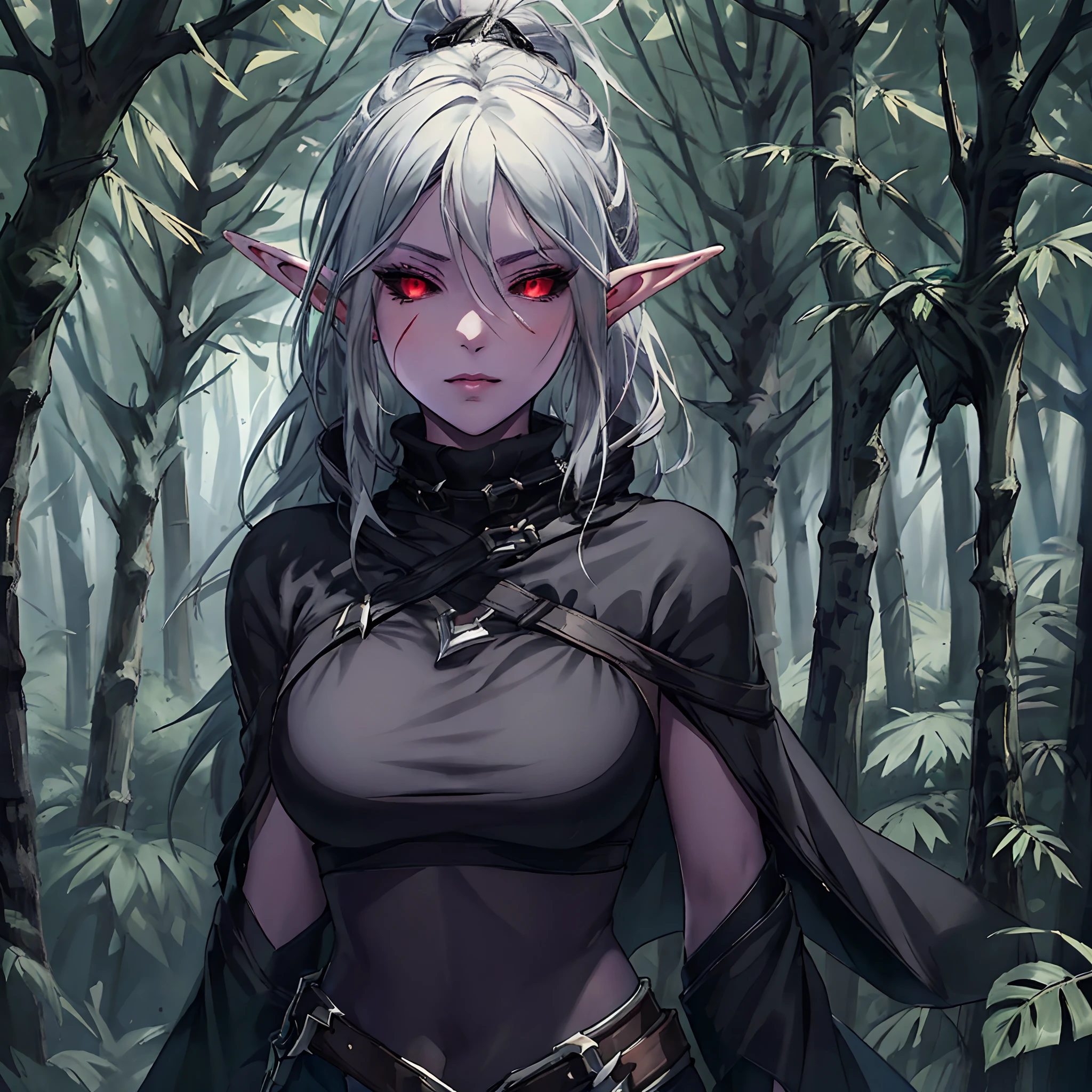 masterpiece, best quality, 1woman adult, female focus, solo, dark black hair, vibrant red eyes, long hair, looking at viewer, closed mouth, Fantasy aesthetics, fantasy earring, Highly detailed, shadowverse style, dark forest background, in the dark forest, elf ear, drow, black scelera, black scarf around the neck