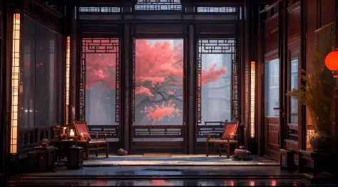 Inside an ancient Chinese palace，Pavilions，In the middle of the picture is the arched door，Outside the door is the natural scenery of the garden，There are windows on the left and right，Sunlight floods indoors，It looks like a special Jiangnan artistic conce...