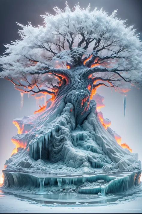ice sculpture of a an epic tree (ice sculpture :1.5) , standing on an island surrounded by a stream of (lava: 1.2), best quality...