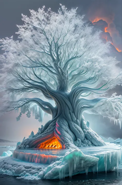 ice sculpture of a an epic tree (ice sculpture :1.5) , standing on an island surrounded by a stream of (lava: 1.2), best quality...