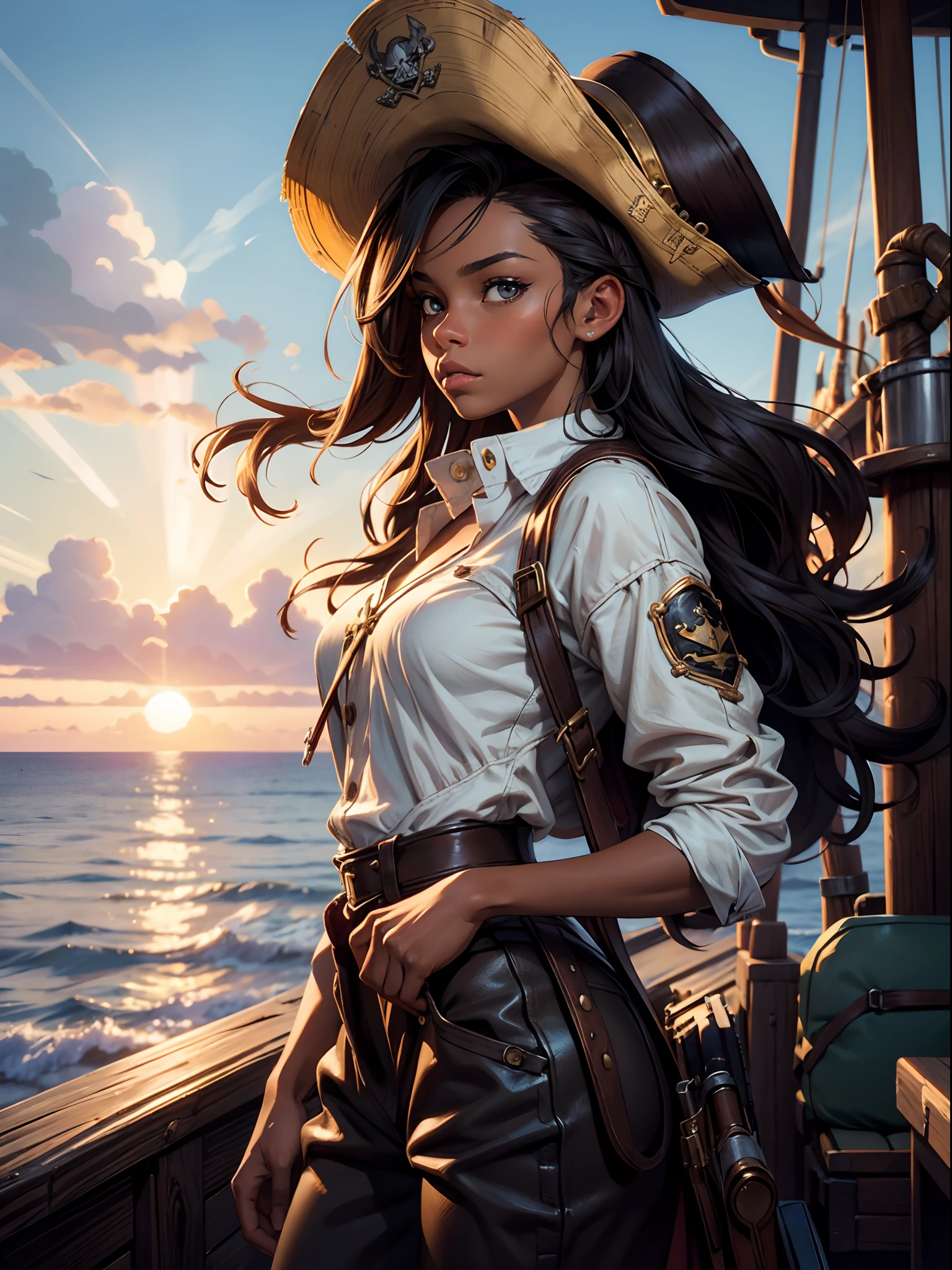 (​шедевр), (высшее качество), закат, естественное освещение, ,(реалистичный:1.5), 1 девушка, длинные коричневые волосы, Стройный, смотрю на сайт, пиратский капитан, имеет, море, на пиратском корабле, Пистолет, шедевр, подробный, зрелый, яркие цвета, высокая насыщенность, Потрясающе красивая девушка карие глаза, черные волосы, панк волосы, загорелый, темная кожа, афроамериканец, Точные руки, уверенный взгляд、определенное выражение,, ясные глаза, Сияющие глаза,, сверхвысокое разрешение, Максимальное разрешение,  мягкая молния