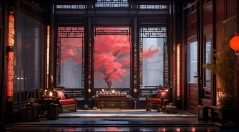 A dragon chair with intricate carvings, ornate dragon head armrests, and luxurious velvet upholstery, a row of vibrant red lanterns hanging above, casting a warm and inviting glow, an arched doorway in the background with beautiful stone carvings, creating...