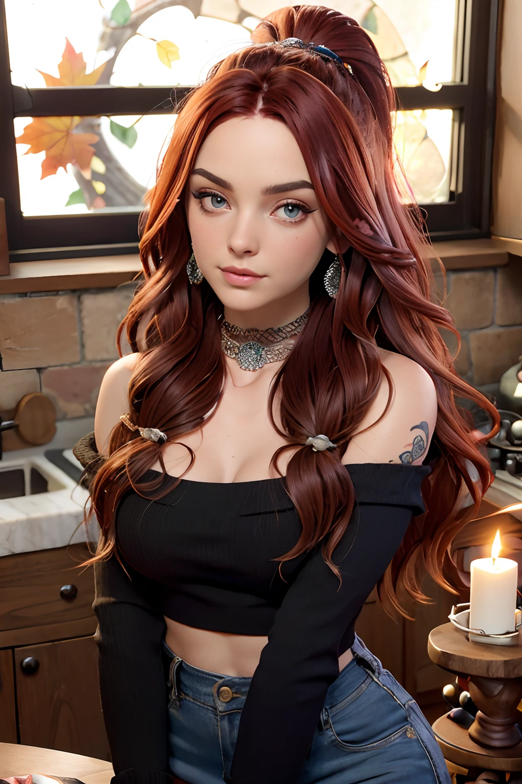 Gorgeous artsy punk goth woman, the queen of witches, dynamic pose, (long flowing voluminous red hair with incredible detail and texture), in a cropped off shoulder sweater and a long skirt and beanie and choker, cleavage and full hips and thick thighs, collarbone, perfect athletic body, farmers tan skin, exquisite detail on texture of clothing and matching colors, wearing round eyeglasses, flowers in hair, tattoos, jewelry, big beautiful eyes and gorgeous adorable Irish face with lovely lips, seductive look, small smile,  8k RAW 16mm professional photograph, raytracing, subsurface scattering,   , rimlight, bright sunlight, in a castle with a potion laboratory cuz, autumn leaves on trees outside a big window, candles, fireflies , camera positioned high looking down, vibrant colors