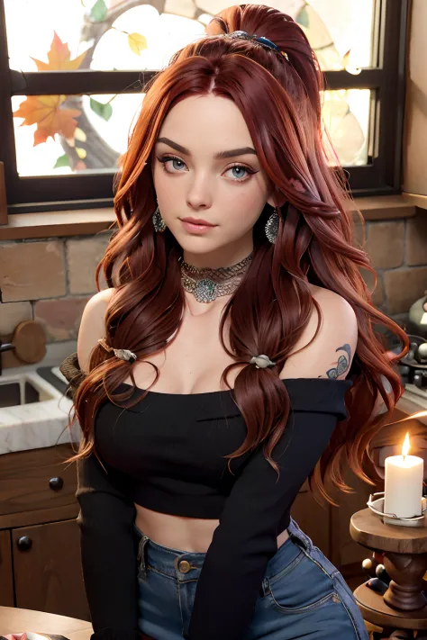 Gorgeous artsy punk goth woman, the queen of witches, dynamic pose, (long flowing voluminous red hair with incredible detail and...