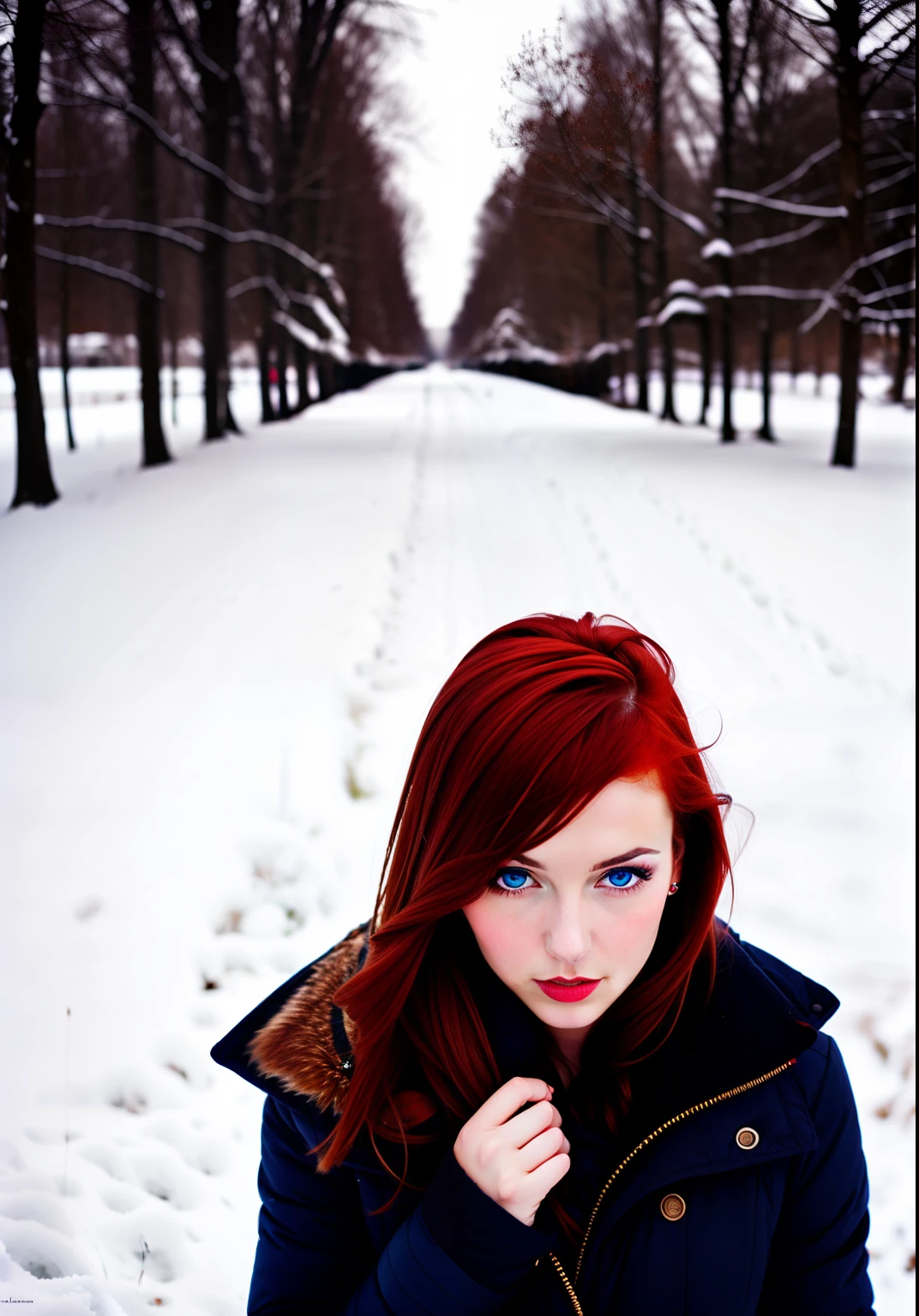 Arafed woman with red hair and blue eyes posing in the snow - SeaArt AI