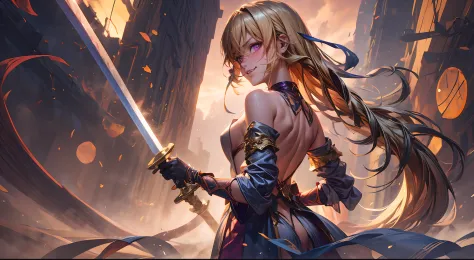 (shaded face:1.2), hollow eyes, purple eyes, looking at viewer, heavy breathing, smirk, uppert teeth, long hair, blonde hair, arched back, looking back, holding sword, weapon, 1girl, sword, breasts, holding, holding_weapon, solo, hair_ornament, black_hair,...