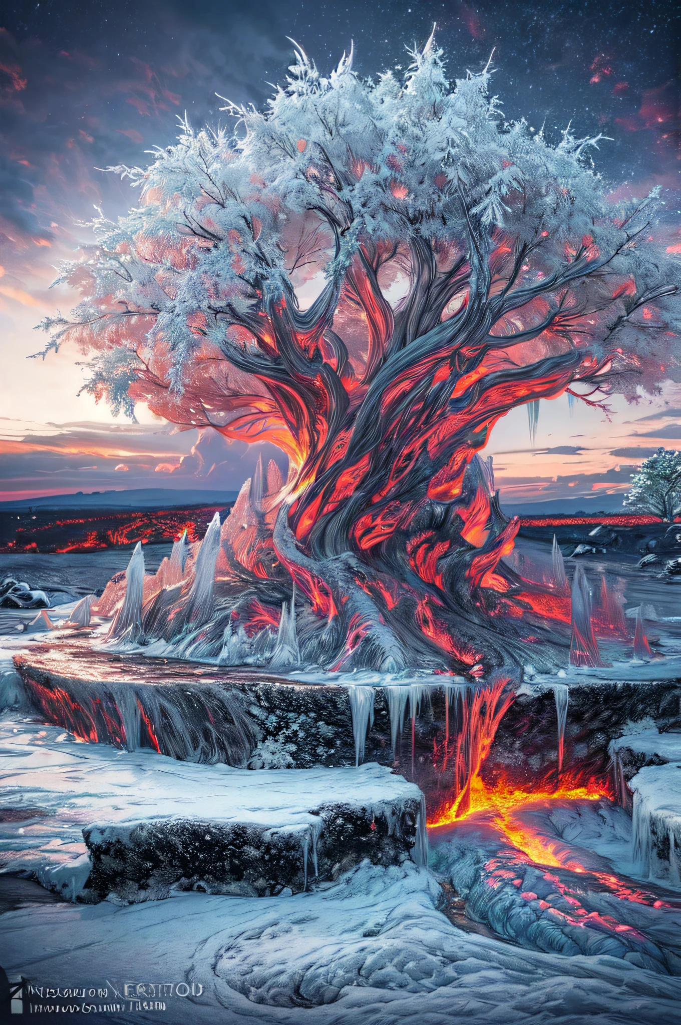 ice sculpture of a an epic tree (ice sculpture :1.5) , standing on an island surrounded flows of lava (lava: 1.2), best quality, 16k, [ultra detailed], masterpiece, best quality, (ultra detailed), full body, ultra wide shot, photorealistic