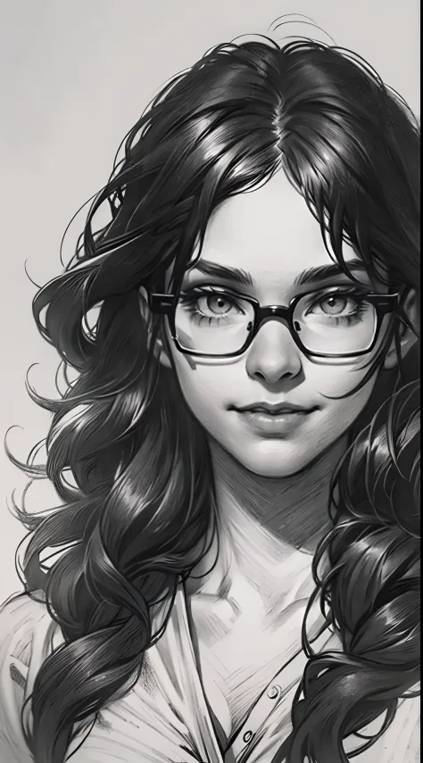 sketching，pencil drawing，Portrait of a Young Woman，longwavy hair，ssmile，Professional Dress，eye glass，Black and white picture，Bla...