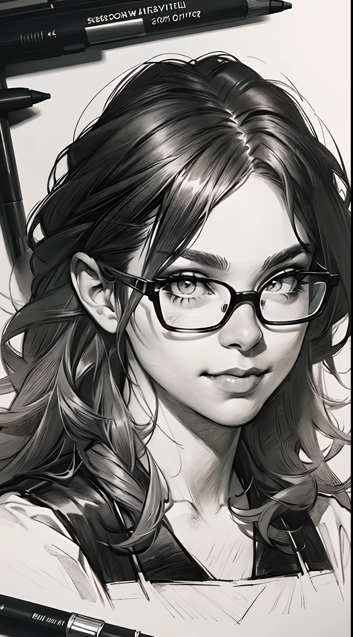 sketching，pencil drawing，Portrait of a Young Woman，longwavy hair，ssmile，Professional Dress，eye glass，Black and white picture，Black and white art，Black and white illustration，super-fine，Hair is carefully described，The eyes are carefully depicted，best qualtiy，8K分辨率