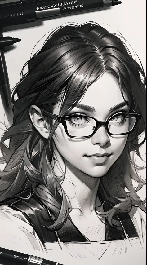sketching，pencil drawing，Portrait of a Young Woman，longwavy hair，ssmile，Professional Dress，eye glass，Black and white picture，Bla...